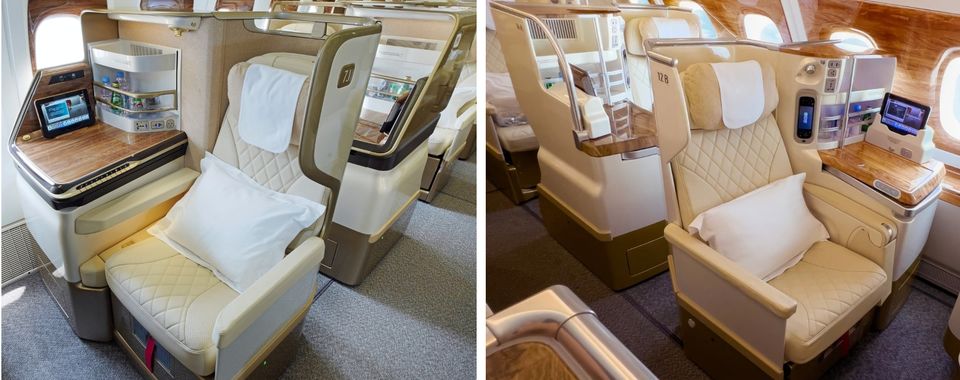 Emirates' new 777 business class (left) and its A380 business class (right).