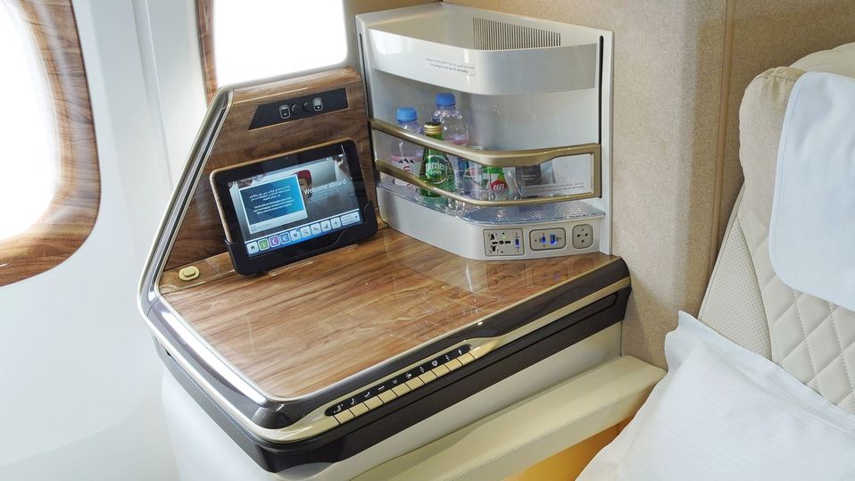 The repositioned power outlet zone of Emirates' 777 business class.