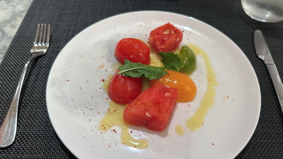 Heirloom tomato, watermelon, chilli salt, mint and basil salad.