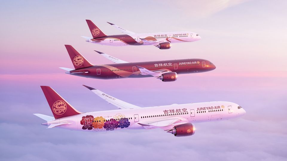 Juneyao Air's three colourful 787 liveries.