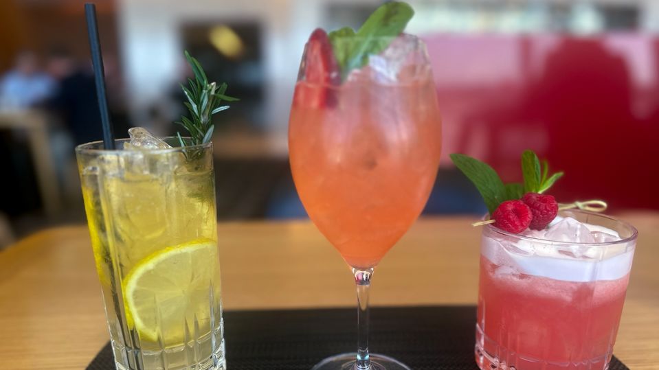 From left to right: Nova Highball, The New Hugo, and Raspberry Gin Sour.