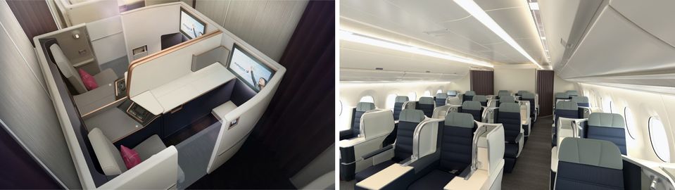 Malaysia Airlines' A350 business suites (left) and business class (right)