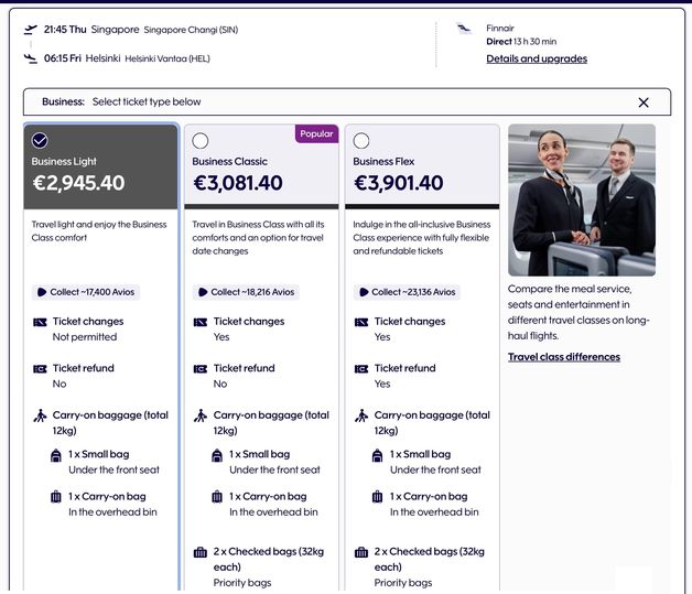 Finnair's discounted and 'unbundled' Business Light fare only saves you a meagre €136.