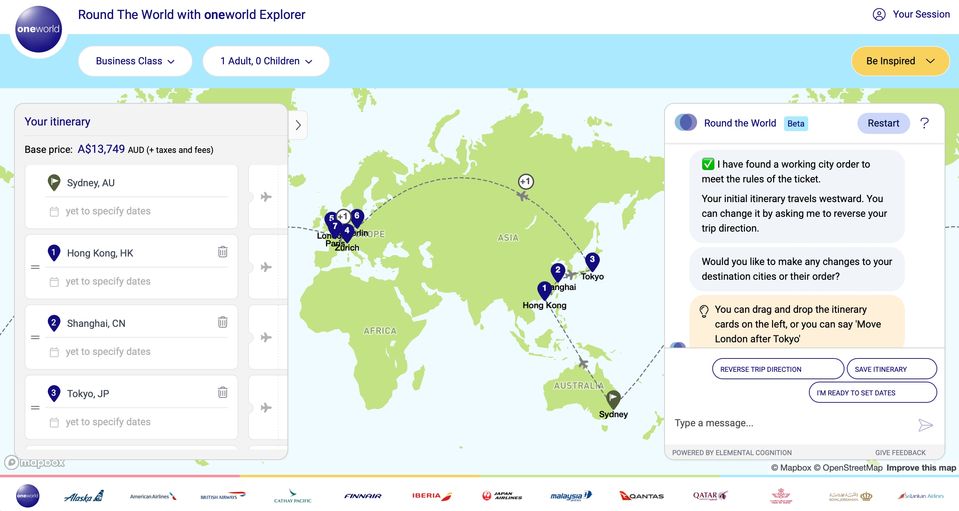 In action: Oneworld's AI travel assistant for round-the-world trips.