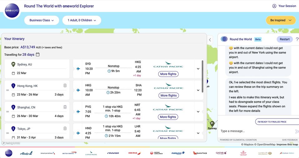 In action: Oneworld's AI travel assistant for round-the-world trips.