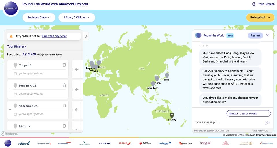 In action: Oneworld's AI travel assistant for round-the-world trips.