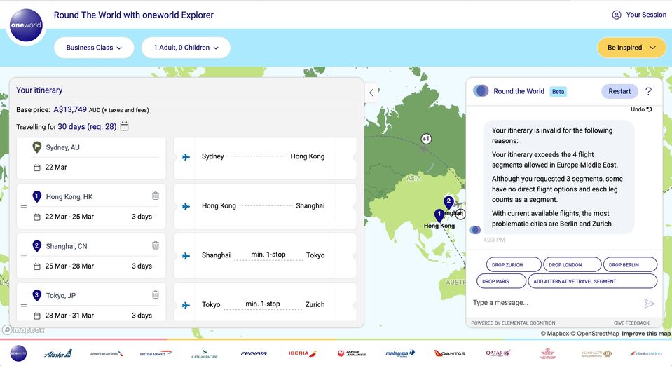 In action: Oneworld's AI travel assistant for round-the-world trips.