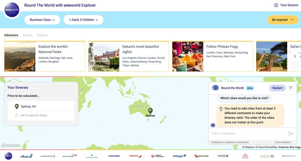 In action: Oneworld's AI travel assistant for round-the-world trips.