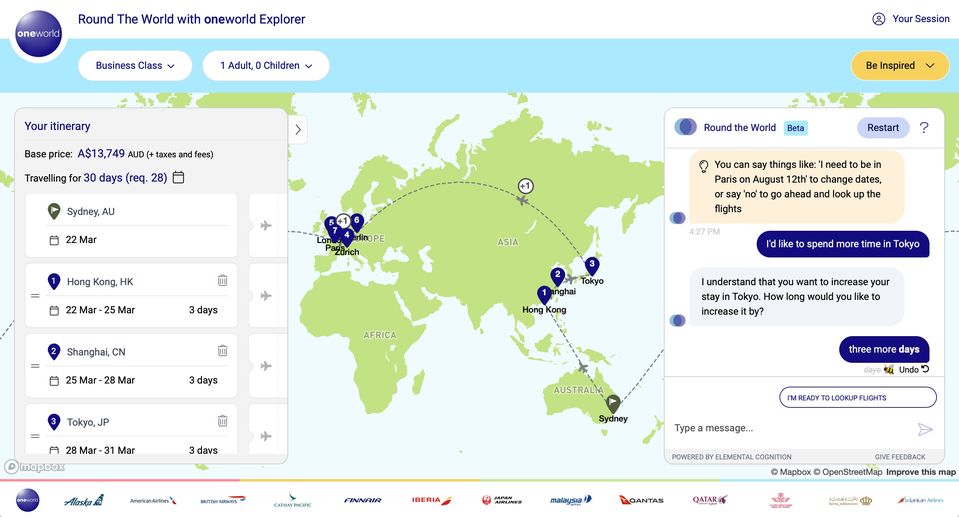 In action: Oneworld's AI travel assistant for round-the-world trips.